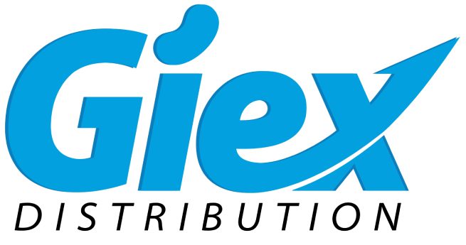 A blue and white logo of giex distribution