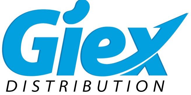 A blue and white logo of giex distribution